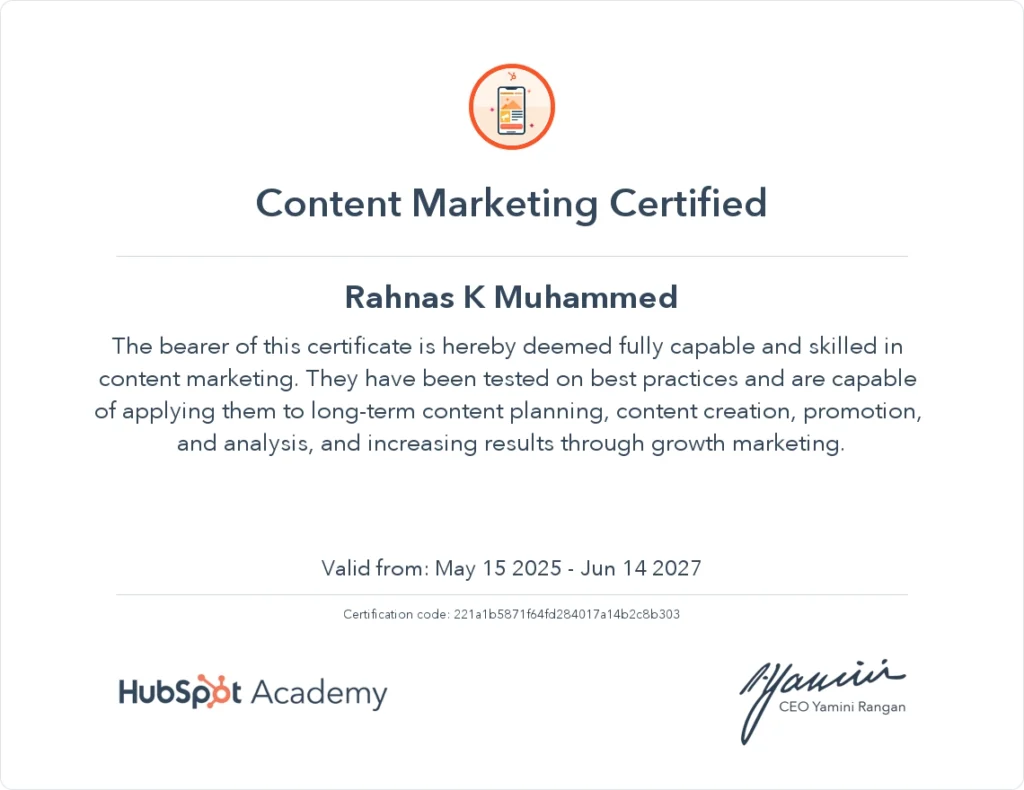 Rahnas K Muhammed Content Marketing Certified Digital Marketer in Dubai