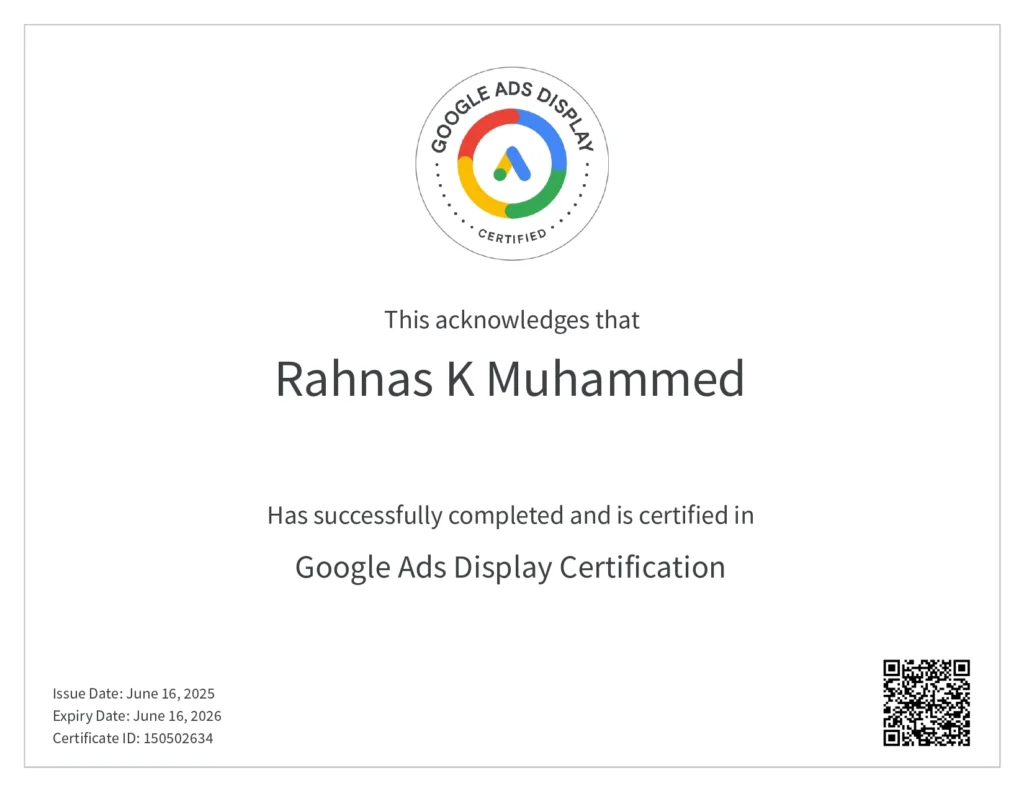 Rahnas K Muhammed Google Ads Display certified Digital Marketer in Dubai